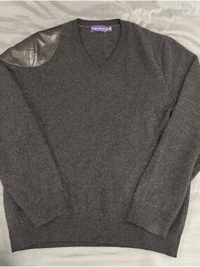 Ralph Lauren Dark Gray V-Neck Sweater with Leather shoulder Patch